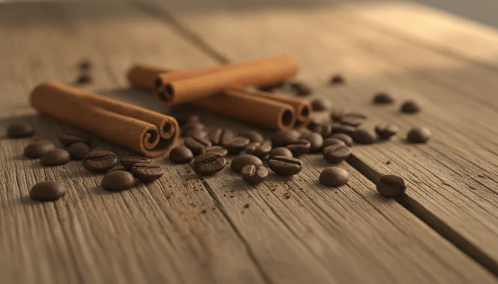 Close-up of fresh coffee beans and cinnamon sticks on a rustic wooden background illustrating the natural ingredients