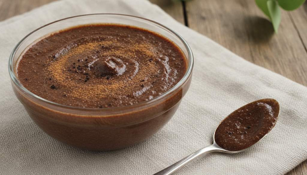 A small glass bowl filled with a dark brown thick coffee and cinnamon paste ready for application
