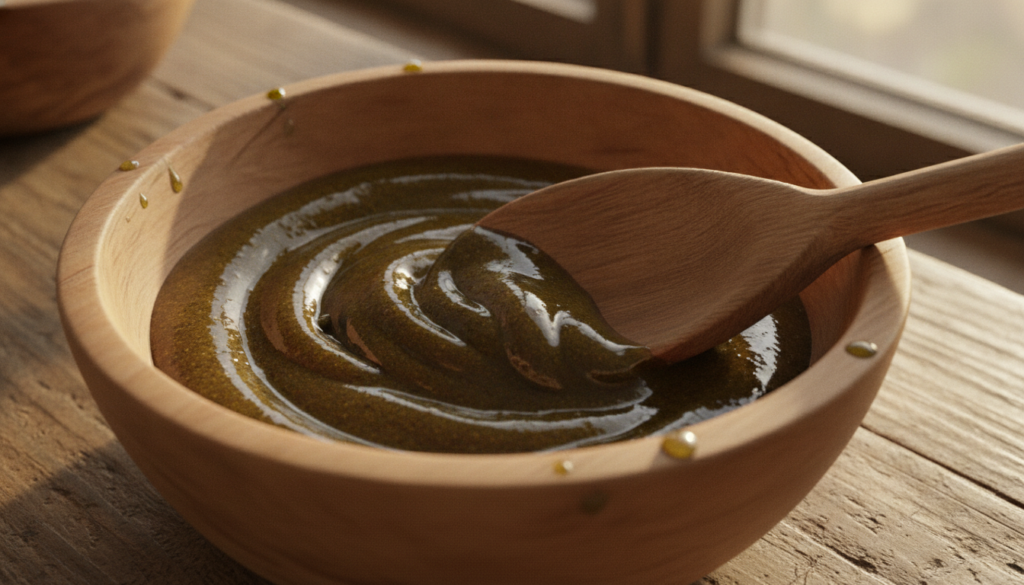 Close-up of a bowl containing ground coffee powder and olive oil being mixed into a dark paste with a small spoon