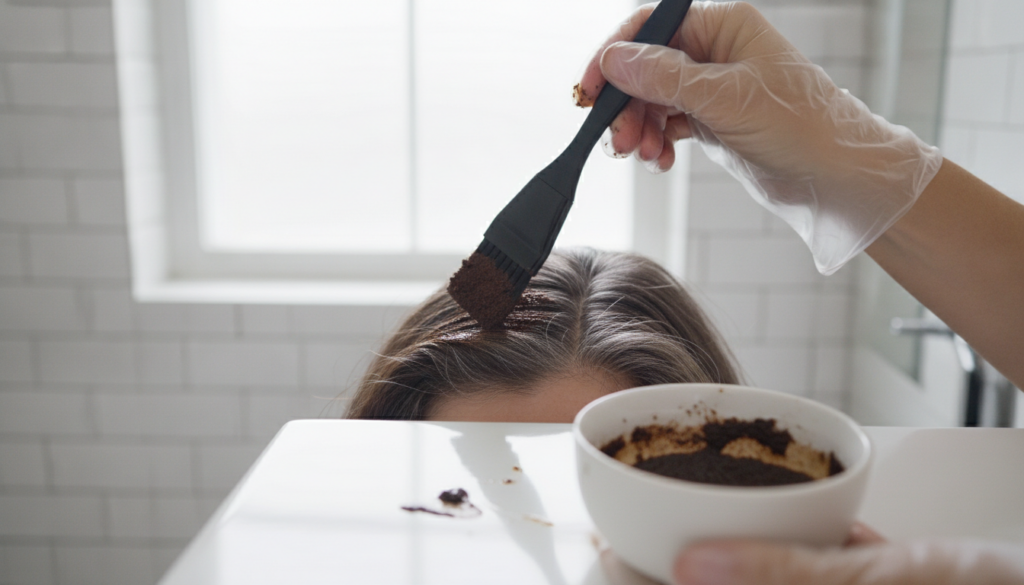 A person applying a dark coffee and olive oil paste to their gray roots with a tint brush