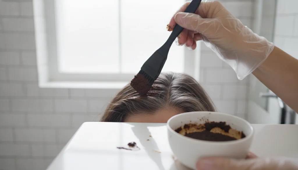 A person applying a dark coffee and olive oil paste to their gray roots with a tint brush