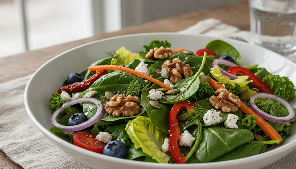 A vibrant fresh salad topped with various nuts and seeds including walnuts and pumpkin seeds illustrating a healthy meal
