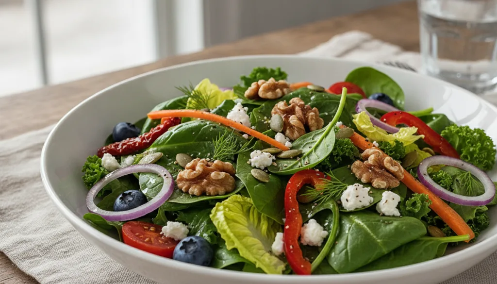 A vibrant fresh salad topped with various nuts and seeds including walnuts and pumpkin seeds illustrating a healthy meal
