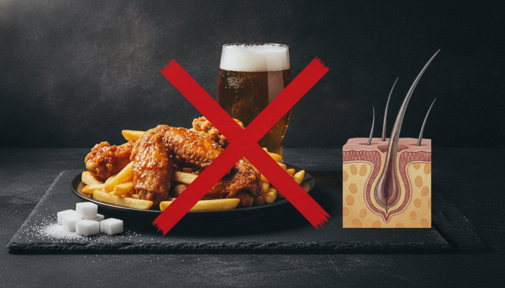 A collection of foods to avoid for hair health specifically showing sugar cubes a glass of beer and a plate of fried foo