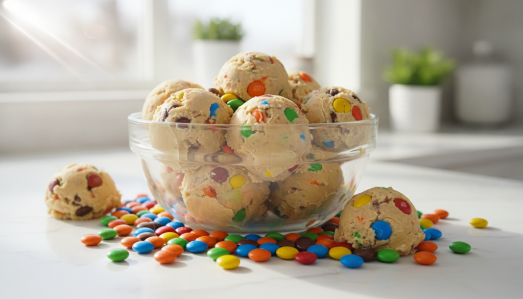 A bowl of M M edible cookie dough with colorful M M candies scattered around and mixed in