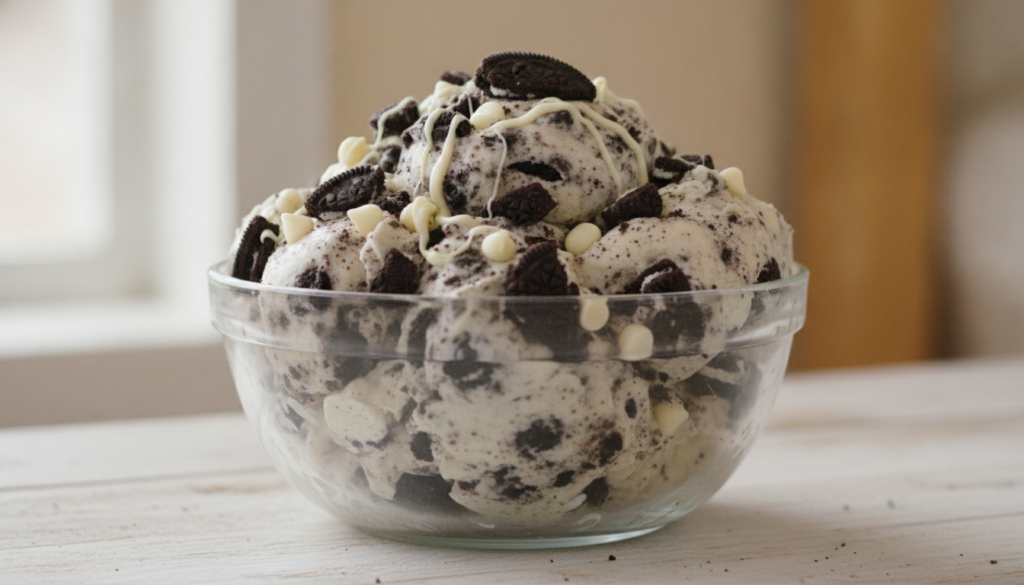 A bowl of cookies and cream edible cookie dough featuring crushed Oreo cookies and white chocolate chips