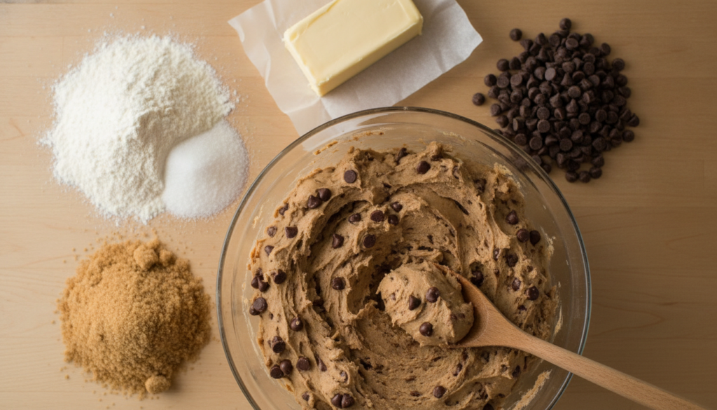 A bowl of chocolate chip edible cookie dough surrounded by small ramekins of flour brown sugar granulated sugar salt mil