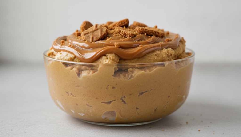 A bowl of Biscoff butter edible cookie dough with Biscoff spread drizzled on top and crushed Biscoff cookies mixed in