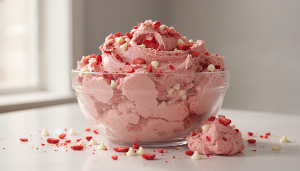 A bowl of strawberry edible cookie dough with pieces of freeze-dried strawberries and white chocolate chips throughout