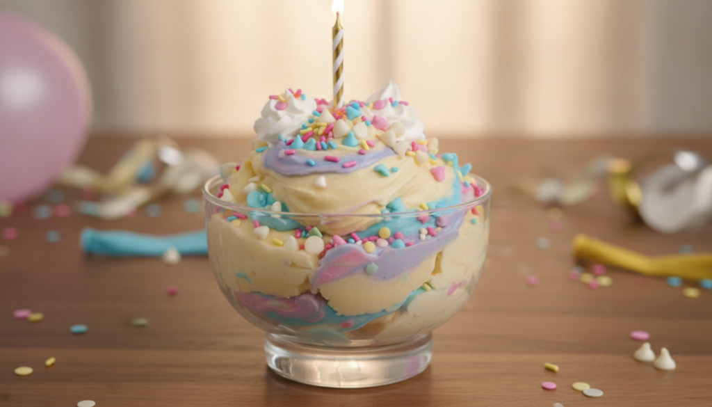 A bowl of birthday cake edible cookie dough topped with colorful sprinkles and white chocolate chips