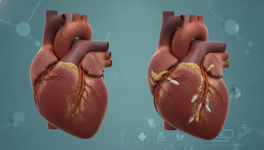 A visual representation of a healthy human heart with clear unobstructed coronary arteries contrasting with another hear