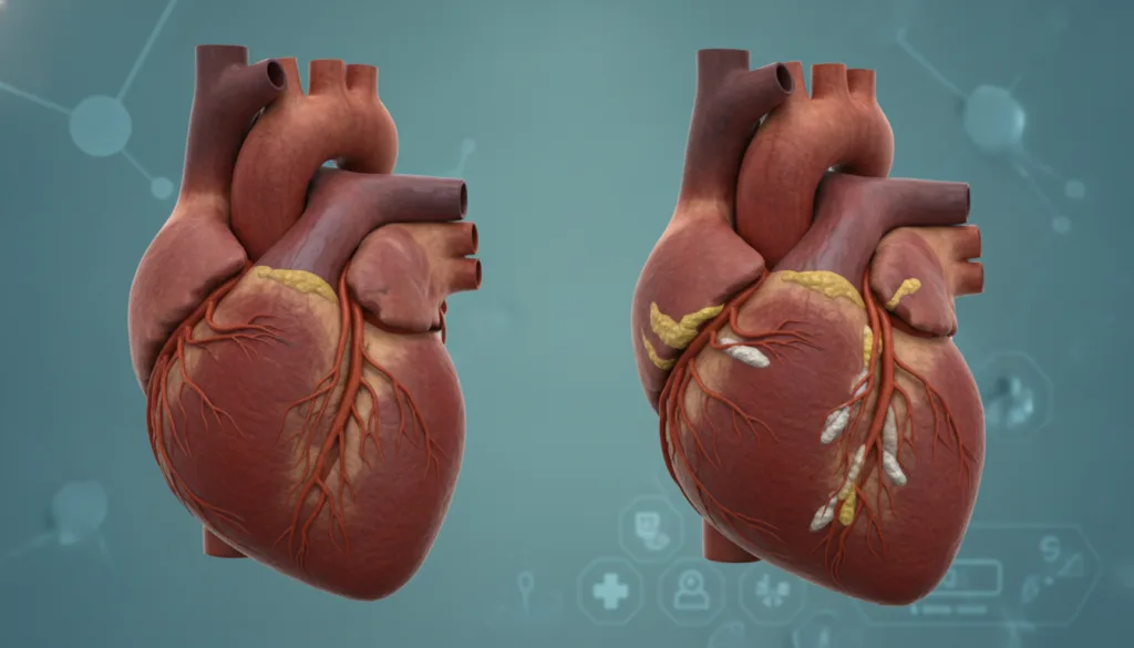 A visual representation of a healthy human heart with clear unobstructed coronary arteries contrasting with another hear