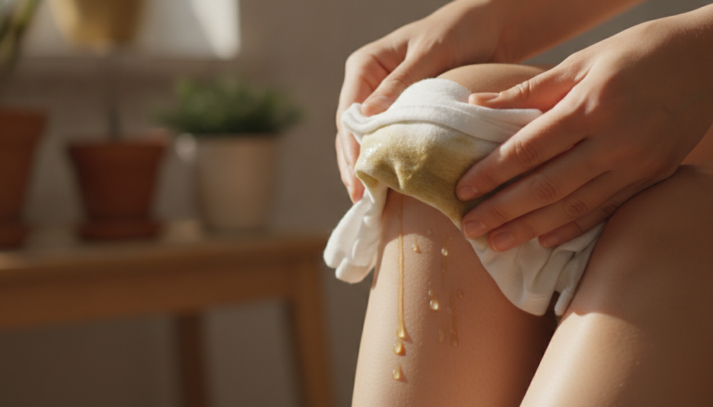 A person applying a cloth compress soaked in a natural remedy solution to their knee joint