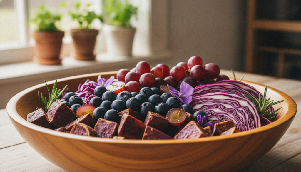 A vibrant diverse bowl of various purple foods including blueberries sliced red cabbage purple grapes and roasted purple