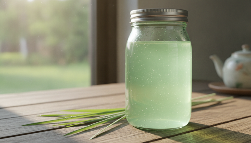 Close-up of a glass jar containing the strained herbal infusion with a few fresh leaves of the grass-like plant next to 
