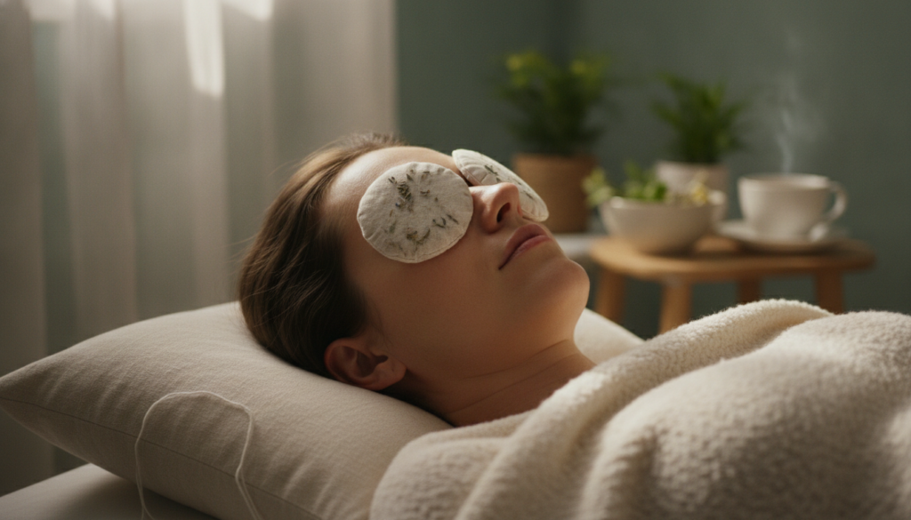 A person relaxing with herbal compresses over their closed eyes looking peaceful and relieved in a softly lit setting
