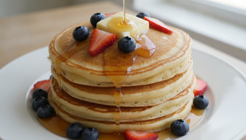 A stack of golden-brown pancakes topped with a pat of butter fresh blueberries and sliced strawberries drizzled with map