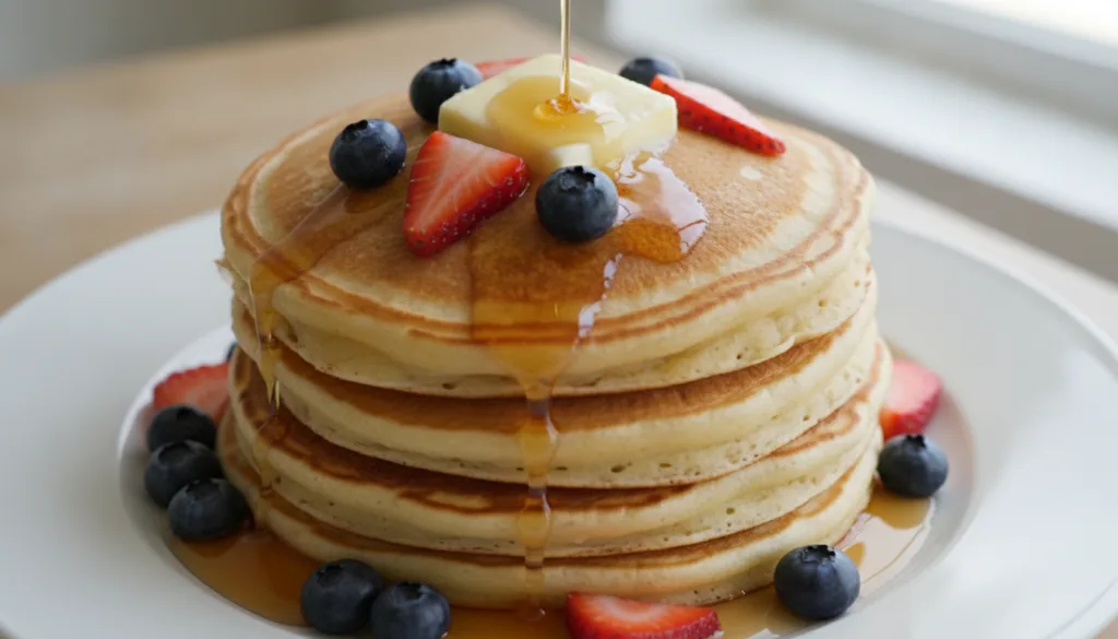 A stack of golden-brown pancakes topped with a pat of butter fresh blueberries and sliced strawberries drizzled with map