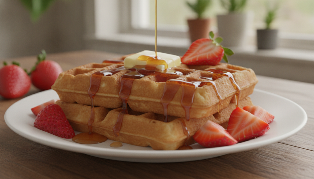 Two crispy golden-brown waffles on a plate topped with a pat of butter fresh strawberries and drizzled with maple syrup