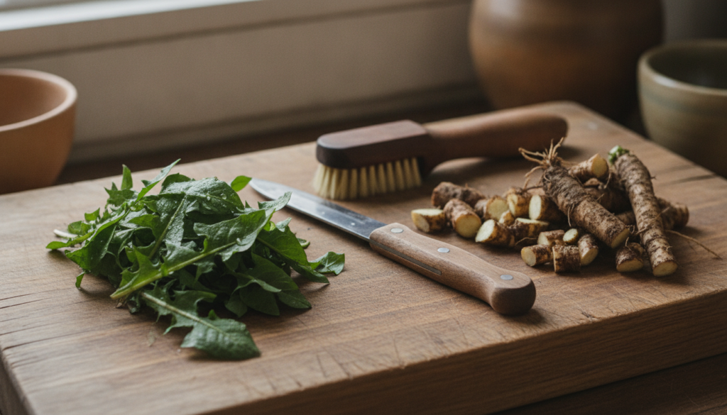 Close-up of freshly harvested dandelion leaves and roots on a wooden cutting board with a knife and a small brush nearby