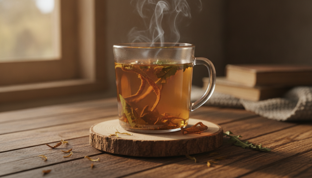 A clear glass mug filled with a warm dandelion root and leaf infusion emitting a gentle steam placed on a wooden coaster