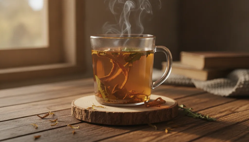 A clear glass mug filled with a warm dandelion root and leaf infusion emitting a gentle steam placed on a wooden coaster