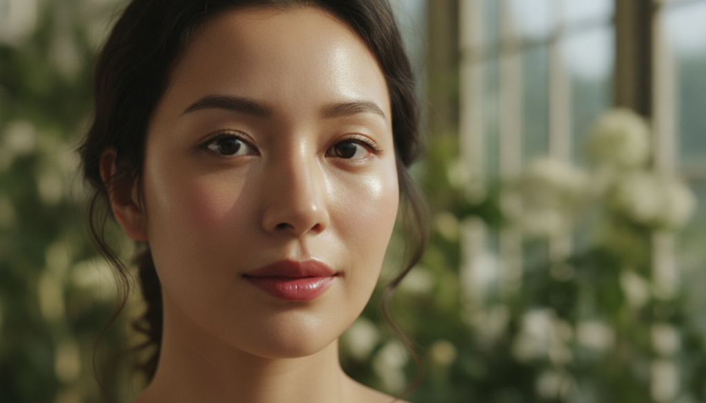 A woman with visibly glowing clear skin smiling gently illustrating the glass skin effect achieved through natural remed