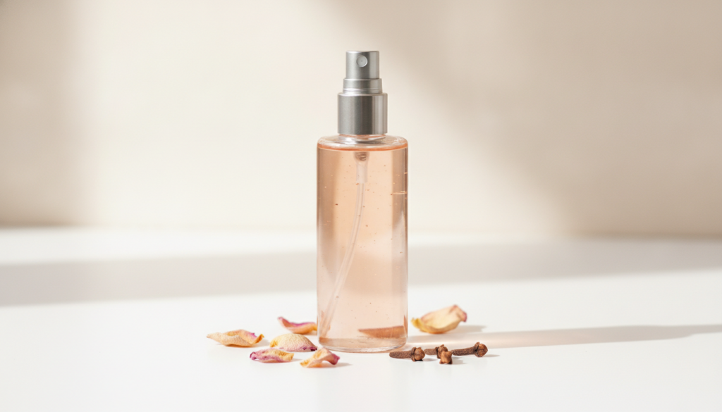 A clear glass bottle with a spray top filled with a light amber-colored rose and clove toner against a soft naturally li
