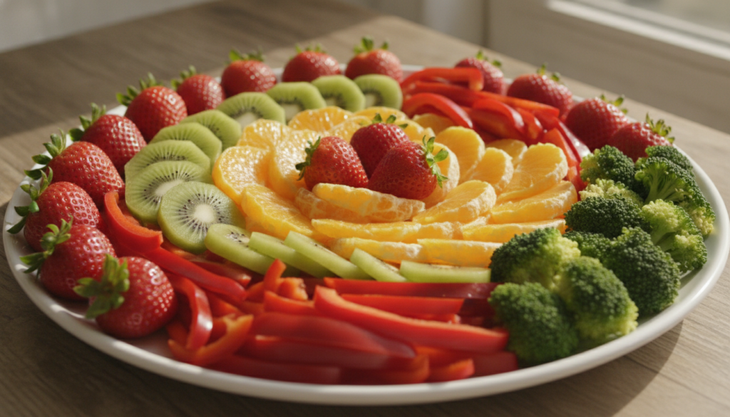 A vibrant colorful platter of various Vitamin C rich fruits and vegetables including sliced kiwi strawberries orange seg