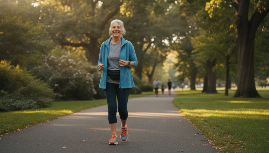 An older person enjoying a brisk walk in a park embodying active and healthy aging