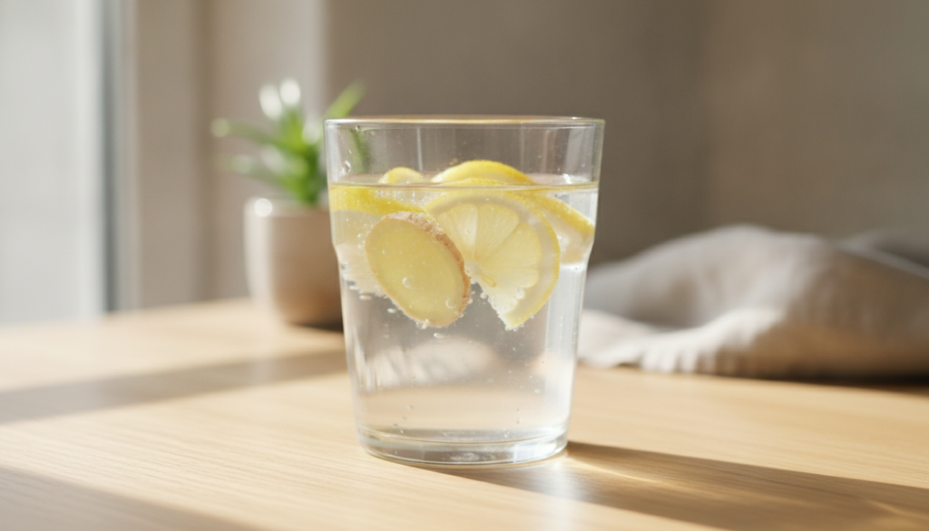 A clear glass of water with a slice of lemon and a few ginger slices representing natural additions for wellness