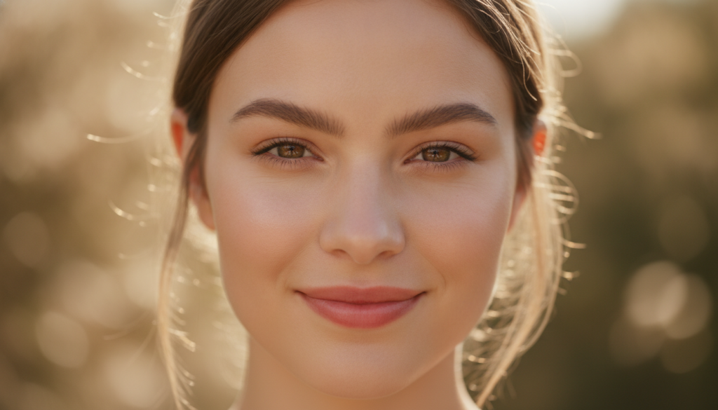 A close-up of a woman s face showcasing clear radiant and smooth skin possibly with a subtle glow to illustrate the desi