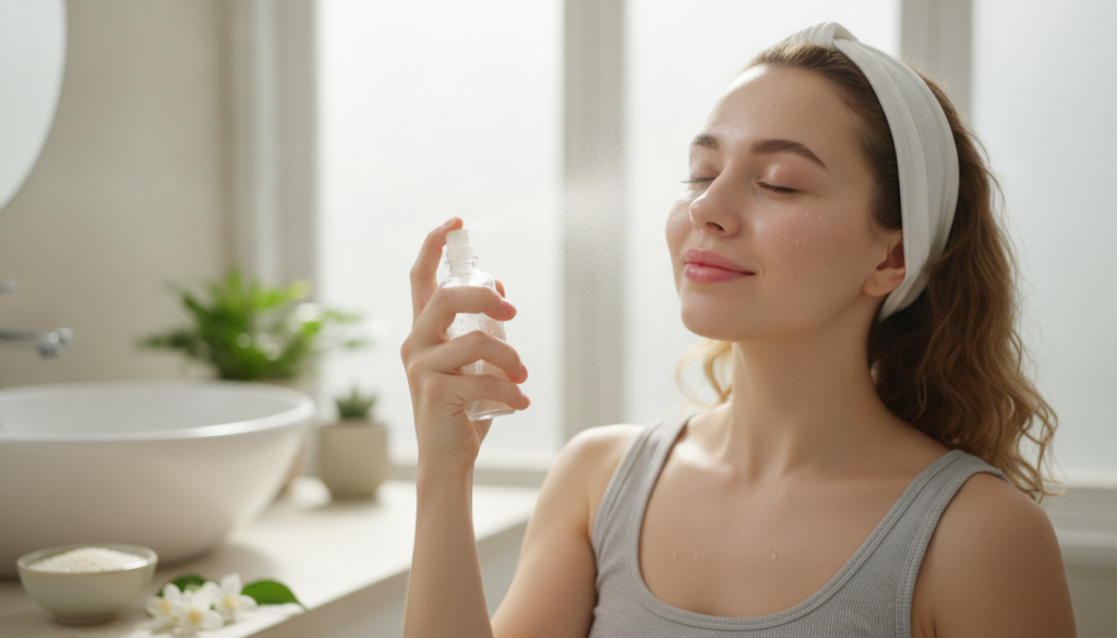 A woman gently spraying rice water onto her clean face from a small spray bottle with a soft glowing complexion