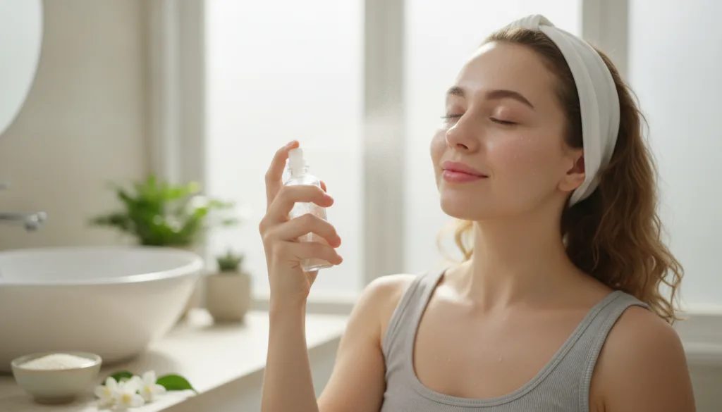 A woman gently spraying rice water onto her clean face from a small spray bottle with a soft glowing complexion