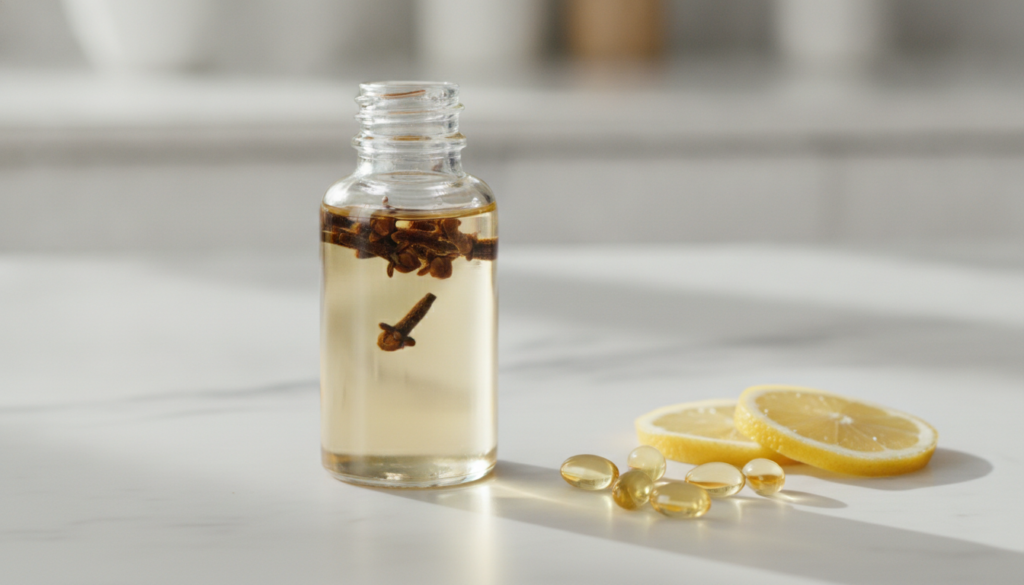 Close-up of a small glass bottle with baby oil and whole cloves infusing with some Vitamin E capsules and lemon slices b