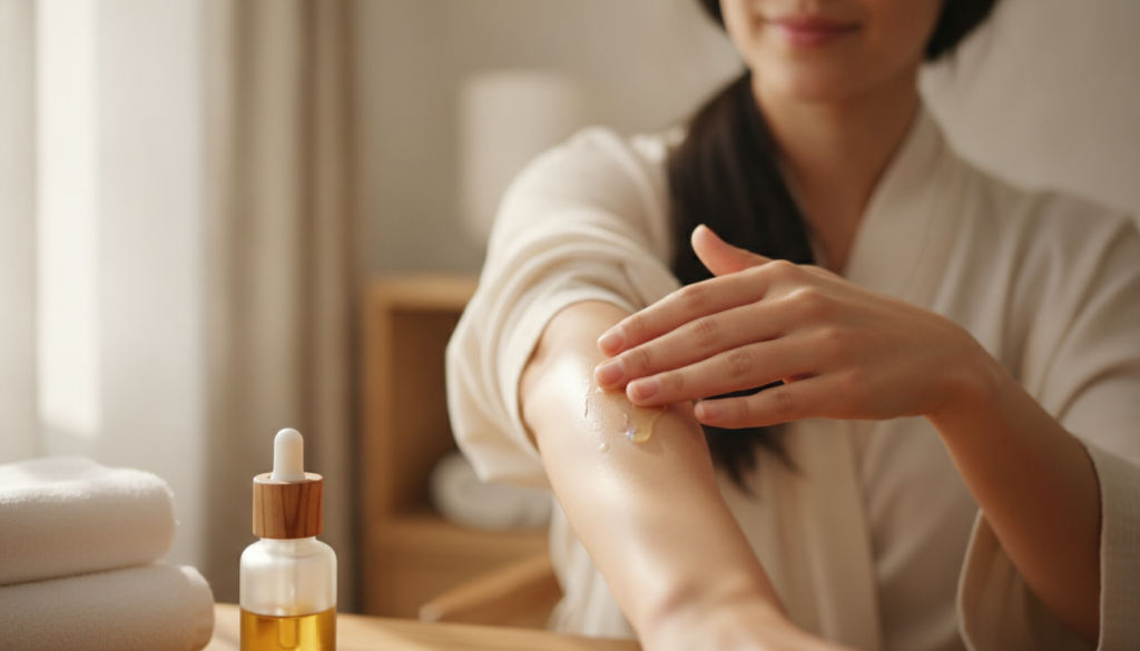 A person gently massaging a small amount of oil onto their arm or leg focusing on an area with dry skin or stretch marks