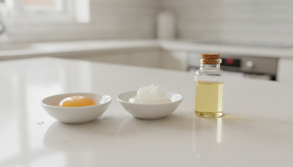 A close-up of a bowl containing a fresh egg yolk a spoonful of petroleum jelly and a small bottle of almond oil arranged