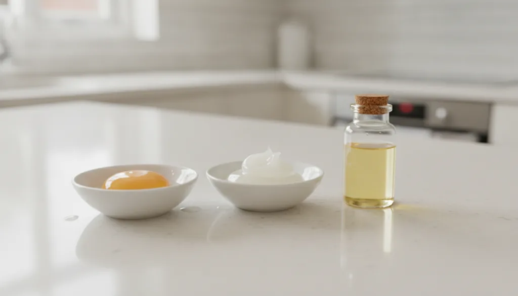 A close-up of a bowl containing a fresh egg yolk a spoonful of petroleum jelly and a small bottle of almond oil arranged
