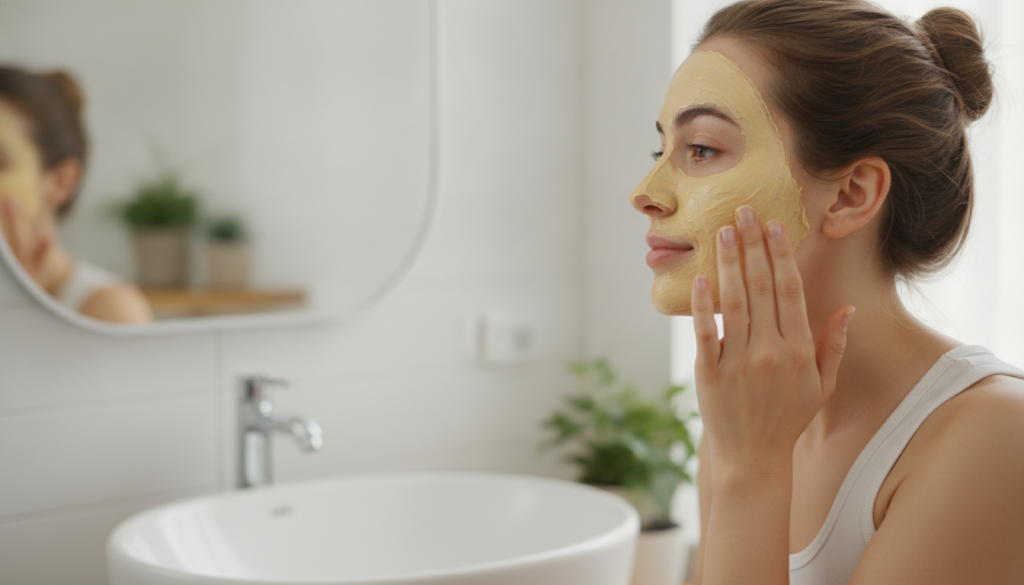 A woman gently applying a thick creamy face mask to her clean face focusing on her cheeks and jawline with a soft natura
