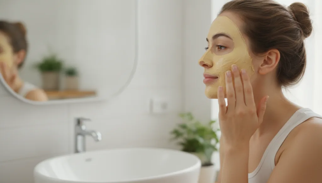 A woman gently applying a thick creamy face mask to her clean face focusing on her cheeks and jawline with a soft natura