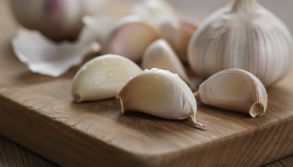 Several fresh garlic cloves some peeled some unpeeled arranged artistically on a rustic wooden surface
