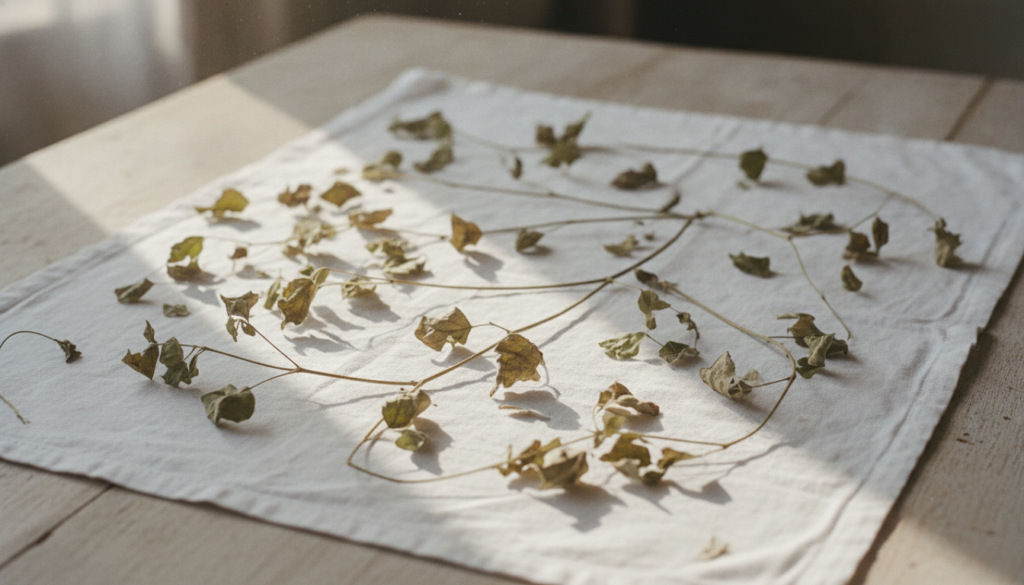 Dried Euphorbia hirta leaves and stems laid out on a clean cloth for drying showing the process of preparing the herb fo