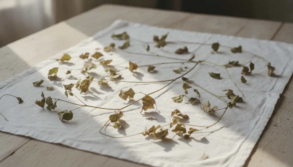 Dried Euphorbia hirta leaves and stems laid out on a clean cloth for drying showing the process of preparing the herb fo