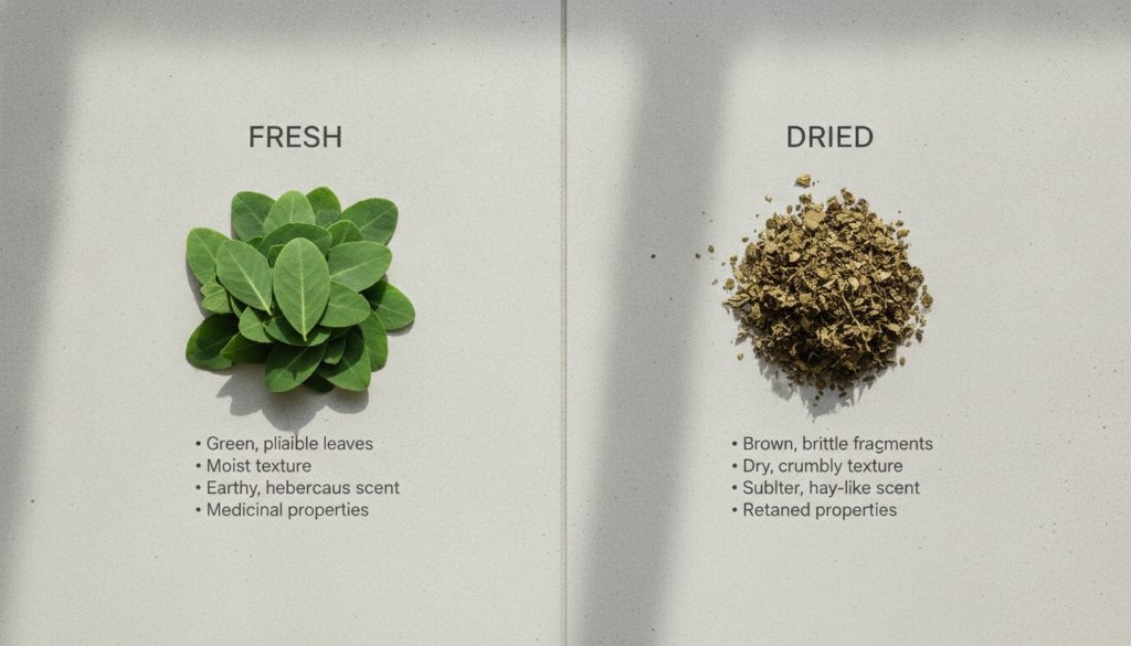 A comparison table showing the differences between fresh and dried Euphorbia hirta highlighting preparation potency and