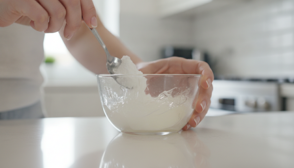 Hands mixing Vaseline and alum powder in a small glass bowl with a spoon
