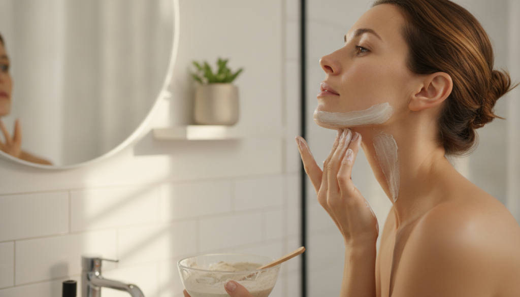 A woman gently applying the Vaseline and alum paste to her jawline looking in a mirror