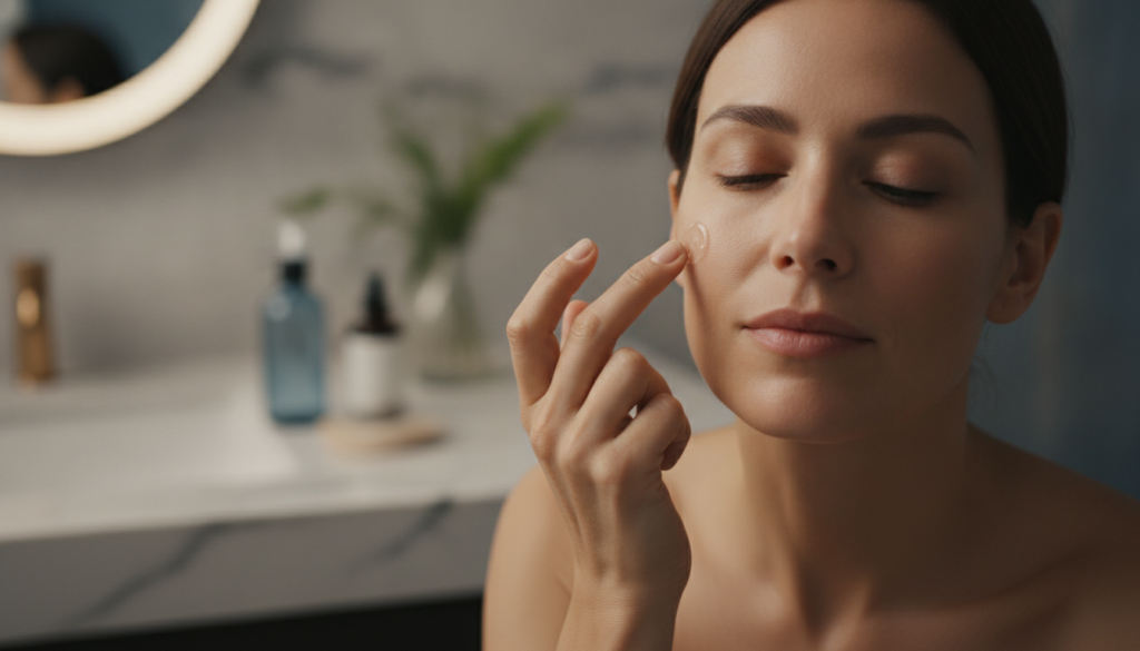 A woman gently applying a thin layer of the DIY melasma treatment to her cheek focusing on a dark spot area with her eye