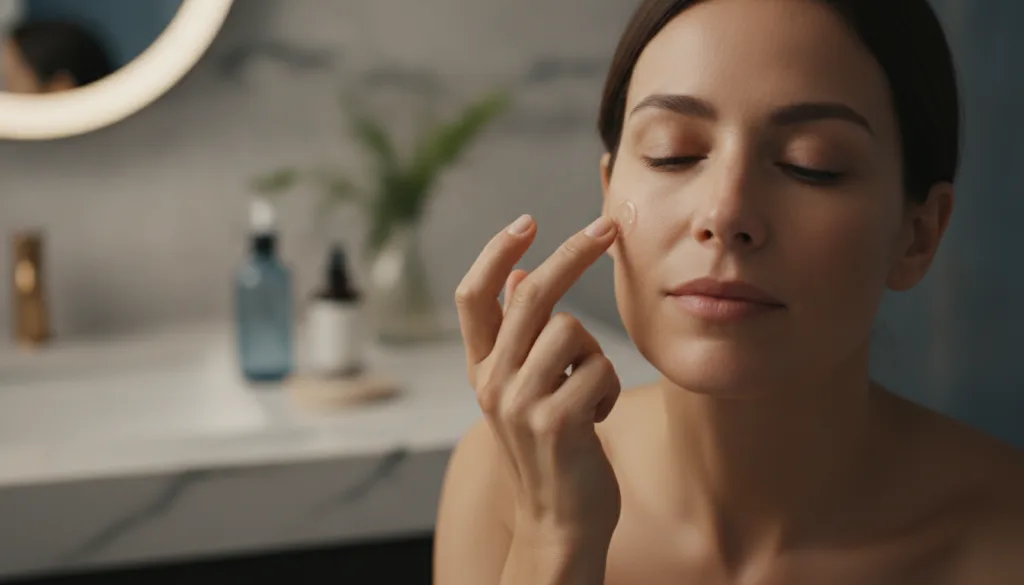 A woman gently applying a thin layer of the DIY melasma treatment to her cheek focusing on a dark spot area with her eye