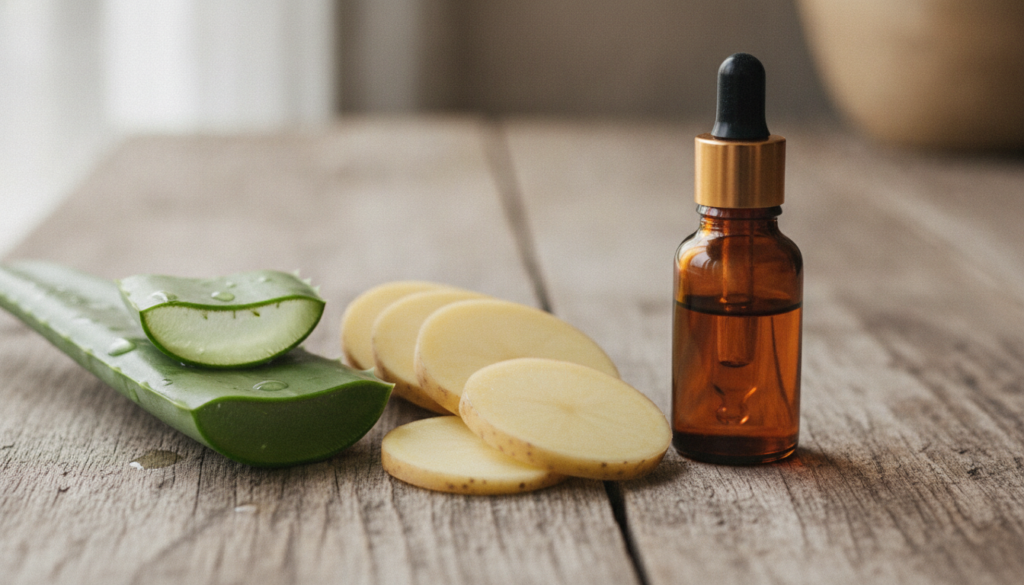 A close-up of a sliced potato next to an aloe vera leaf and a small bottle of rosehip oil showcasing the natural ingredi
