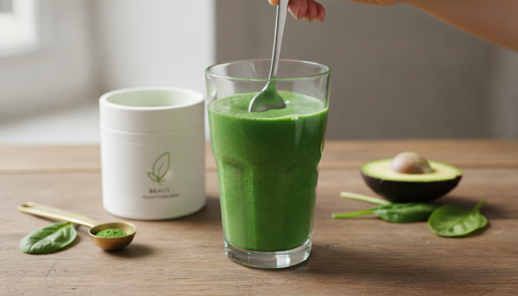 A glass with a green smoothie or drink containing the beauty powder with a spoon stirring it next to the container of th